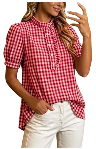Blusa de Cuadros Gingham para Mujer,2026 Manga Corta con Volantes y Cuello en V Elegante,Camisa Casual Holgada con Botones Frontales,Manga Casquillo Volantes,Estilo Clásico Chic para Primavera,Verano