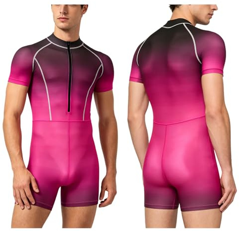 Hansber Herr Kortärmad Dragkedjad Framåts Sportlig Stöd Underskjorta Enstyckig Strumpor Cykelkostym Zentai Kostym Mörkrosa 3XL