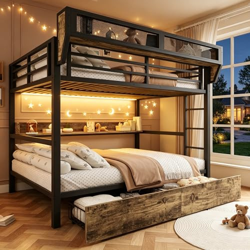 Cama alta para niños, 140 x 200 cm, con iluminación LED y cesta de almacenamiento, cama alta de metal para cama doble con estante y 2 cajones, cama con barra alta, estructura de cama para adar, color