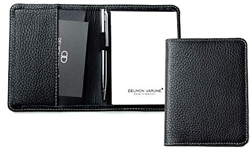 DELMON VARONE - Personalisierbares Notizblock Etui DIN A7 aus Premium Leder Soft Grain schwarz, Taschen Memoblock im Lederetui mit Mini Kugelschreiber, Stiftschlaufe, Einschubfach & Notizblöcke