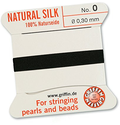 Griffin, filo per perle, cordino per perline, 100% seta naturale, color nero, lunghezza 2 metri, con ago, 13 taglie disponibili, Black, 0.30mm