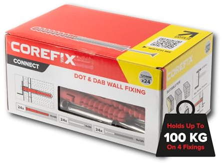 Corefix 24 x 120mm Heavy Duty Dot & Dab Wall Fixings - Plasterboard Over Blockwork Wall Plugs & Screws - For TV Wall Bracket, Radiators, Shelving & More - Holds 100kg On 4 Fixings