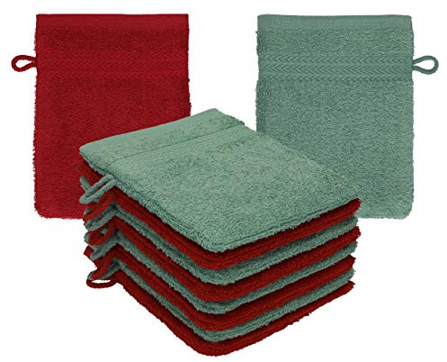 Betz paket med 10 tvättvantar premium 100 % bomull 16 x 21 cm rubin - grangrön