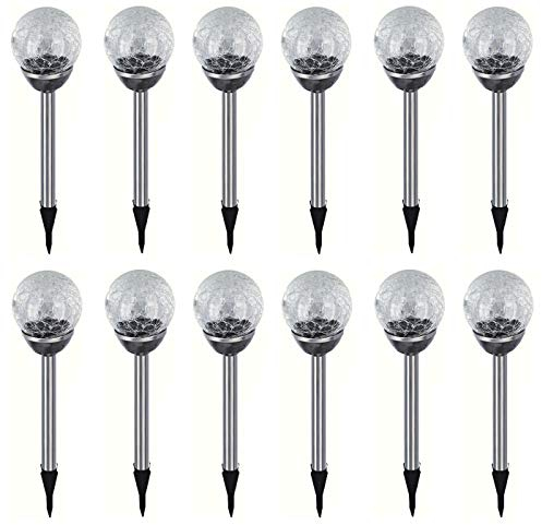 12 lámparas solares LED de acero inoxidable para jardín, bola con luz crackle, lámpara solar decorativa para jardín, lámpara blanca