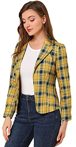 Allegra K Women's Work Office Blazer Stretch Lapel Collar Long Sleeve Jacket Suit Blazer, Yellow-Plaid, XL