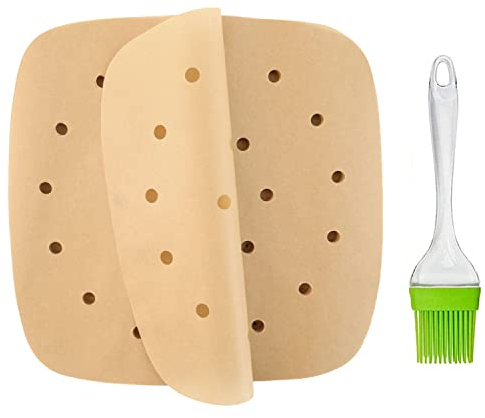 Air Fryer Parchment Paper, Square Air Fryer Paper Liners, Perforated Steam Paper Bamboo Steamer Paper for Steaming Basket,Baking,Ovening (200, 7.5 Inch)