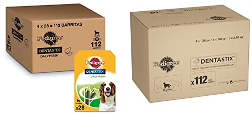 Pedigree DentaStix Daily Fresh Zahnpflegesnack für mittelgroße Hunde – Aktivwirkstoffen – 4x28 Stück & DentaStix Daily Oral Care Zahnpflegesnack für große Hunde – Huhn- & Rindgeschmack – 1x112 Stück