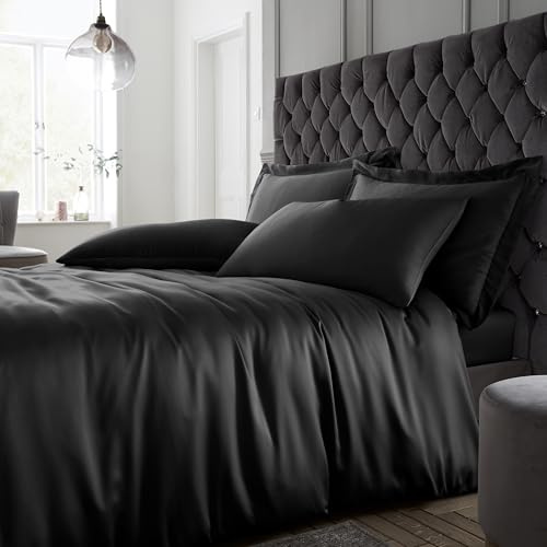 Catherine Lansfield Silky Soft Satin Double Duvet Cover Set with Pillowcases Black