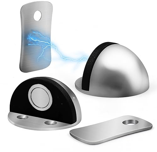 Joeji set med 2 st magnetiska dörrstoppar – dörrstopparskydd för golv med magnetisk dörrhake – slitstark dörrstoppare – silver (2)