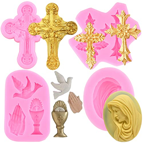 RFGHAC Taufe Kuchen Dekorationen Kreuz Kuchenform Kreuz Silikonformen Kommunion Taube Fondant Formen für Taufe Party Kuchen Dekorieren Cupcake Topper Süßigkeiten Schokolade Gummipaste 4er Set