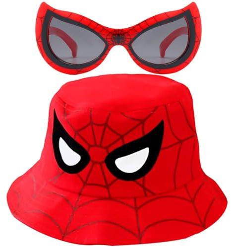 TIUASHR Spiider Cappello da Sole per Bambino,Supperherro Cappello da Pescatore Occhiali da Sole e Cappello Animati Cappello Estivo Cappello da Spiaggia Cappello da Sole in Cotone per Bambini 2-8 Anni