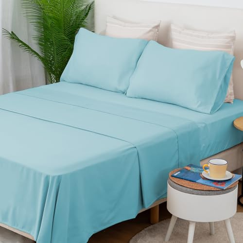 H HANSEL HOME Juego de Sábanas de Microfibra 3 Piezas para Cama 135cm Transpirable - Incluye 1 Encimera, 1 Bajera Ajustable y 1 Funda de Almohada - Verde Agua