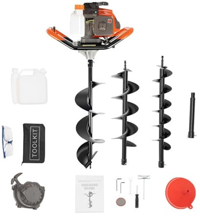 Donened - 71cc 2 Stroke Petrol Earth Drill, Fence Post Ground Hole Drill, with 3 Bit (100mm, 150mm, 200mm), Safety Gear, Air-Coole, for Sandy Soil, Forests, Farmland
