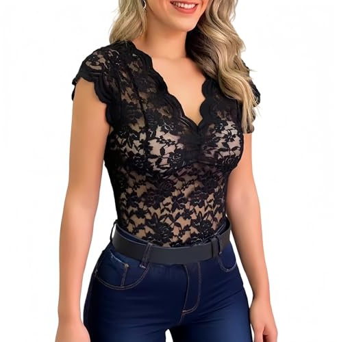 Hybursky Women's Deep V Neck Floral Lace Sheer T-Shirts Short Sleeve Sexy Slim Fit T-Shirts Trendy Going Out Tops Streetwear Clubwear(Black/L)