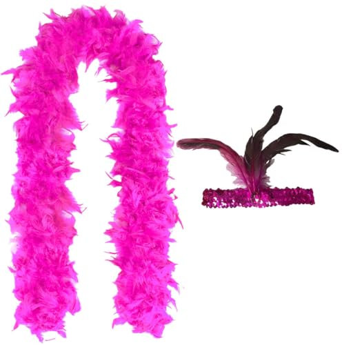 NHQZ NHQ Accessoire Annee 20,Boa Plume 2 M avec Bandeau de Plumes à Paillettes,Plumes Rose,Boa Rose,Plume Cape Tour de Cou,Boa de Plumes Moelleuses,Accessoires Carnaval,Accessoires Fluo