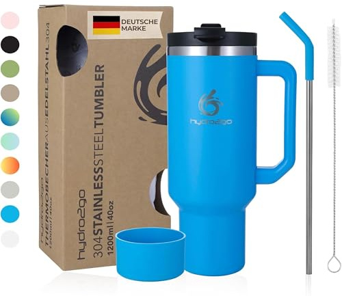 hydro2go® 1200 ml / 40 oz termomugg, take away-kaffemugg, isolermugg med handtag och sugrör, rese- och bilmugg, tumbler för varma och kalla drycker (Ocean, 1200 ml)