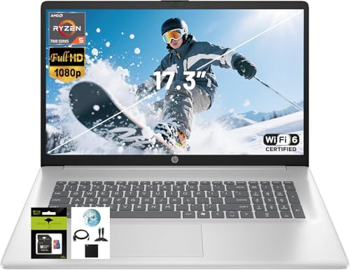 HP 17.3 FHD IPS Laptop, Quad Core AMD Ryzen 5 7520U (Beat i7-1255U) 8GB DDR5 RAM 512GB SSD, Business-Student Laptop with Copilot AI Fast Charge Private Webcam Wifi6 Win11, w/GM Accessory