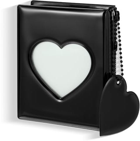 Mini Photo Album 3 Inch Photocard Holder Book with 32 Pockets Heart Hollowed Cover with Heart Pendant (Black)