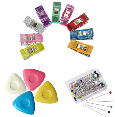 63 piezas de accesorios de costura, 9 pinzas de costura + 50 alfileres con cabeza de cristal + 4 tizas de sastre, alfileres de cabeza de cristal multicolor, pinzas de tela, lápiz de tiza para sastre