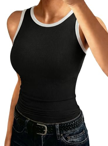 Aottori Top de Tirantes Mujer para Verano Cuello Redondo Diseño Color Block | Punto Acanalado, Corte Ajustado, Diseño de Capa Base, Tejido Elástico, Uso Diario, Fácil de Combinar