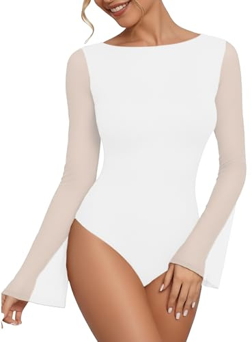 FEOYA Body à Manches Longues Pour Femme Sexy Chic Bodycon Bodysuit Élégant en Résille Blouse Top T-shirts Transparente Manches Une Pièc Combinaisons Jumpsuit Élégant Lingerie Clubwear Blanc S