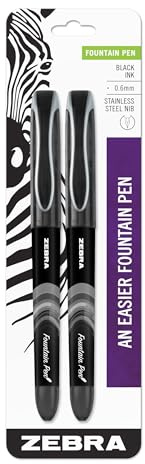 Zebra Pen, Fountain Pen, 0.6mm Fine Point, Stainless Steel Nib, Preloaded Black Ink, Smooth Ink Flow, Classic Black Barrels, No Cartridge Needed, 2-Pack (48312)