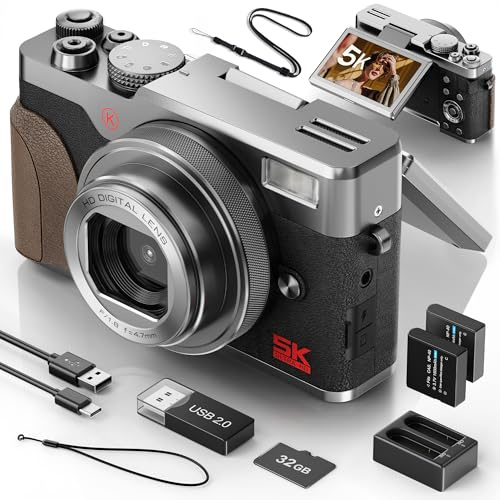 NBD Appareil Photo Numérique 5K 64MP avec Autofocus, Zoom Numérique 18x, Écran IPS 3 Orientable 180°, Design Rétro Élégant, Carte 64GB + 2 Batteries (Argenté)