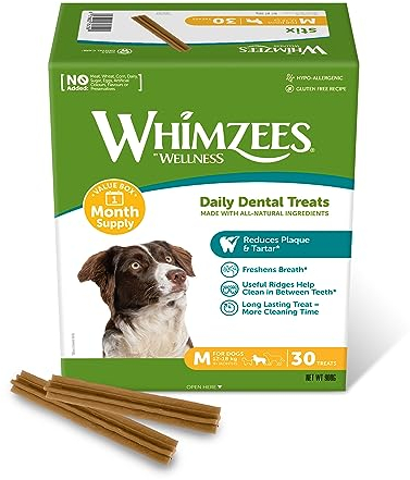 WHIMZEES Stix, Kaustangen für mittelgroße Hunde zur Zahnpflege, Größe M, 30 Stück (Monatspackung), ohne Zuckerzusatz, getreidefrei, natürlich, fettarm