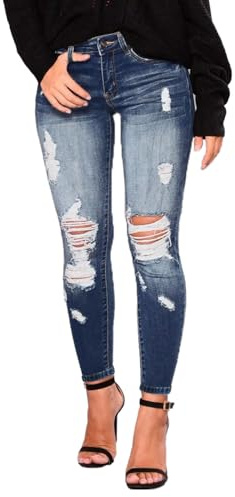 AMRSPENG Women's High Waisted Ripped Stretch Skinny Butt Lifting Distressed Jeans, 14, Dark Blue