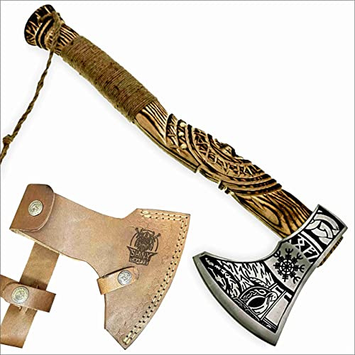 SHINY CRAFTS® Handcrafted Viking Axe – Engraved Nordic Blade with Wooden Handle Norse Bearded Hatchet for Men Unique Gift for Him, Collectors, Cosplay, Camping, Medieval Wall Decor (VBA-14)