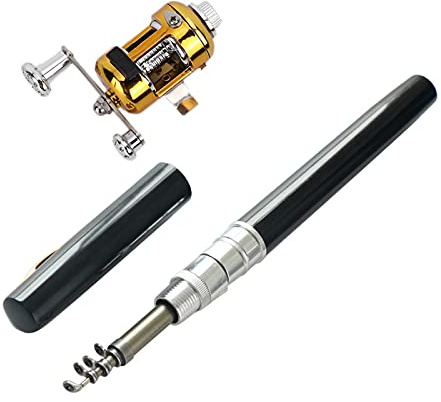 Penna fiskespö, hopfällbar minificka penna fiskespö Combo Set, Aluminiumlegering Slitstark fiskespö Penna, Bärbar teleskopisk fiskespö + fiskerulle(Black), Penna fiskespö Penna fiskespö Rulle Com