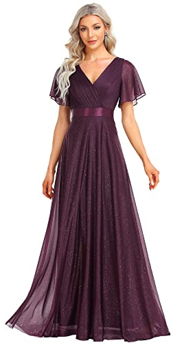 Ever-Pretty Vestito da Cerimonia Maniche Corte con Volantes Scollo a V Stile Impero Linea ad A Lunghezza del Piano da Donna Viola Scuro 46