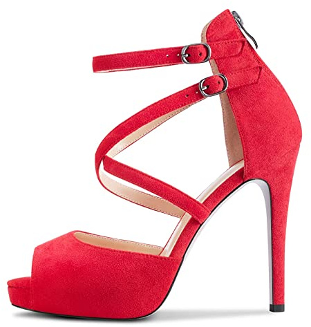 Castamere Mujer Aguja Alto High Heel Abierta Punta Sandalias Correa Cruzada Two-Piece Cierre con Hebilla de Boda Oficina Fiesta Sexy Zapatos Rojo 35 EU