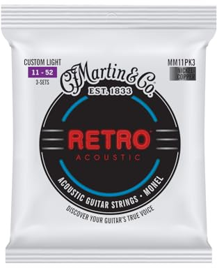 Martin Retro® Acoustic Guitar Strings – Monel, Custom Light Gauge (3-Pack) | Warm, Natural Tone with Long Life | Bulk Set for Acoustic Guitar Players