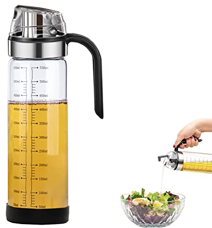 RICHSUM Automatischer Glasölflasche 550ml - Auslaufsicherer Olivenölbehälter mit Kippfunktion, Automatischem Deckel und Stopper, rutschfester Griff zum Kochen von Essig, Öl und Sauce