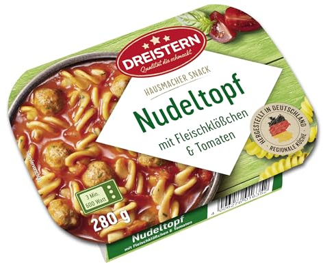 DREISTERN Nudeltopf 280g I Mit Fleischbällchen & Tomaten I Herzhaftes Fertiggericht in Mikrowellenschale I Lange Haltbarkeit dank natürlicher Konservierung I Hausmacher Qualität