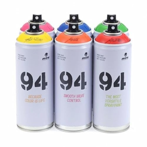Montana Graffiti Pack 6 x 400 ml Pintura en Aerosol Mate 94 Colores Primarios con 3 Tapas de Repuesto - Amarillo, Rosa, Naranja, Azul, Verde, Rojo