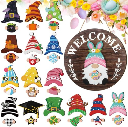 Qunclay Interchangeable Wooden Gnome Decor Holiday Seasonal Gnome Decorations with Magnet Pieces and Detachable Hats Changeable Welcome Sign for Home(Attractive Style)