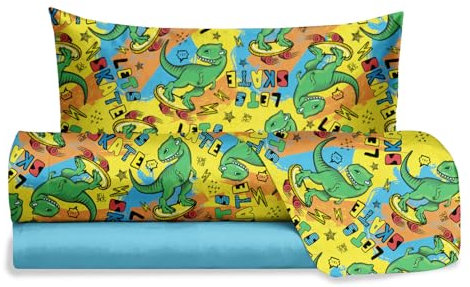 hermet Jolly, Bettwäsche-Set für Einzelbett, Dinosaurier, 100% Baumwolle, Oberlaken, Spannbettlaken + Kissenbezug, Bettwäsche-Set Fansatisa für Kinderzimmer