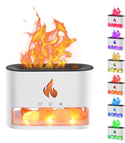 kieyeeno 250 ml Difusor de Aromas con Efecto Llama, 3 en 1 humidificador ultrasónico con Piedra de Sal de Cristal, 4 Modos de luz, luz respiratoria difusa de 7 Colores, Apagado automático sin Agua