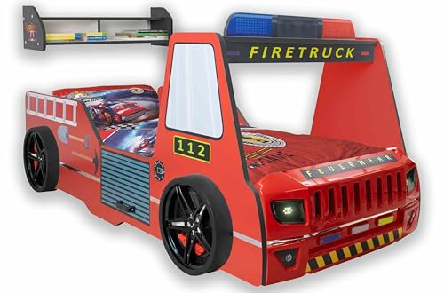 Aileenstore Feuerwehrbett Kinder 90x200 Spielbett Kinderbett Rio Firetruck Autobett Hochglanz mit LED Leuchte (Rot, mit Matratze, Bettwäsche und Wandregal)