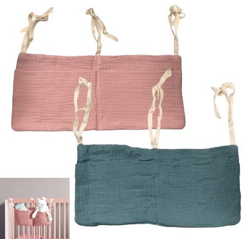 SNONESIY 2 Stück Babybett Organizer,Wickel Organizer,2-in-1 Windel Organizer, Aufhängen Bett Organizer Kinderbett Babybett Zubehör für Windeln, Kleidung und Spielzeug, Babybetttasche,Rot + Blau