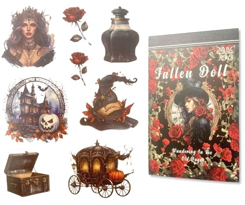 TIAMECH Fallen Doll Halloween Sticker Book - 20 Sheets Loose Old Times Waterproof PET & Washi Stickers for Scrapbooking, Junk Journaling, Decorative Ephemera & DIY Crafts