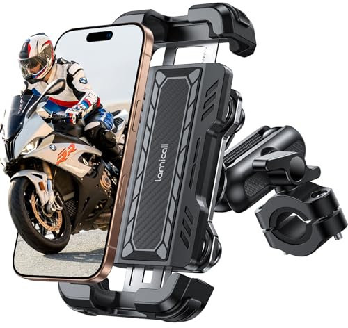 Lamicall Motorrad Handyhalterung Fahrrad Handyhalter - [720° Drehbarer Metall-Arm] Doppelte Vibrationsgedämpft Handy Halterung Motorrad, Diebstahlsicher Lenker Motorradhalterung für iPhone 17/16/15/14