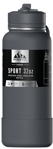 Hydrapeak 32oz Sport Insulated Water Bottle with Straw Lid, Leak & Spill Proof, Keeps Drinks Cold for 24 Hours, Hot for 12 Hours (Grey Matter)