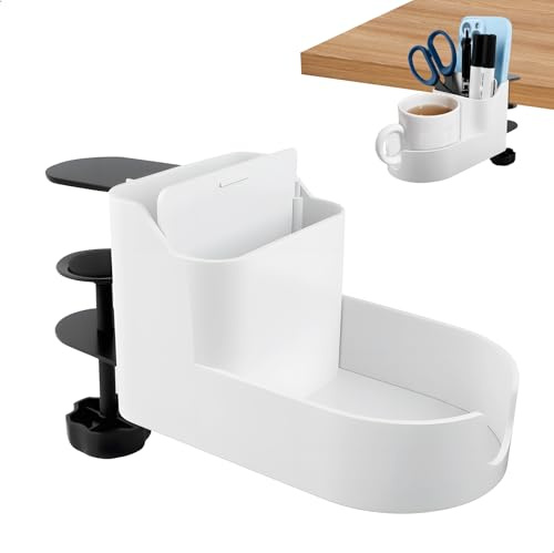 Soporte Taza Escritorio, Portavasos Antiderrames, Soporte Vaso Escritorio Ajustable, 2 en 1Cup Holder, Porta Vasos Mesa de Clip para Hogar y Oficina, 1 Piezas, Blanco