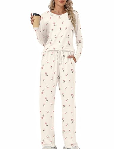 Rapbin - Set pigiama da donna, pigiami graziosi, set coordinati morbidi, biancheria da notte, pigiami a righe a maniche lunghe, pigiami con tasche e coulisse, Rosa, L