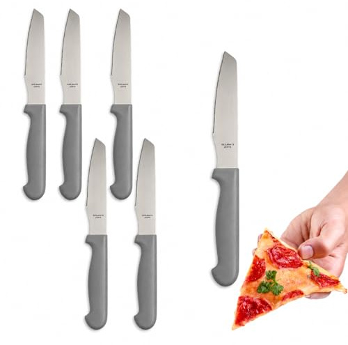 PALUPLUS Set 6 Coltelli per Pizza in Acciaio Inox, Lunghezza 21 cm, Lama Seghettata e Temprata, Impugnatura Ergonomica Nera, Coltelli da tavola per Bistecca e Pizza -009M -0,37