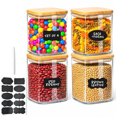 Innoteck 4-Piece Airtight Glass Canister Set with Bamboo Lids (1.1L Each) – Borosilicate Storage Jars with Silicone Seal for Coffee, Oats, Pasta, Candy & Dry Food, Includes Labels & Chalk Pen