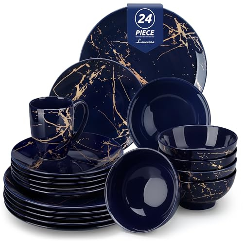 LOVECASA 24 Pieces Dinner Service Set for 6, Microwave and Dishwasher Safe | Dinner Plates Set, Crockery Sets for 6, Serving for Salad/Soup/Noodles/Steak, Elegant Gift for Any Occasion, Blue and Gold